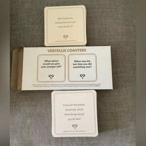 Vertellis Coasters, which are conversation starters 
New in the box